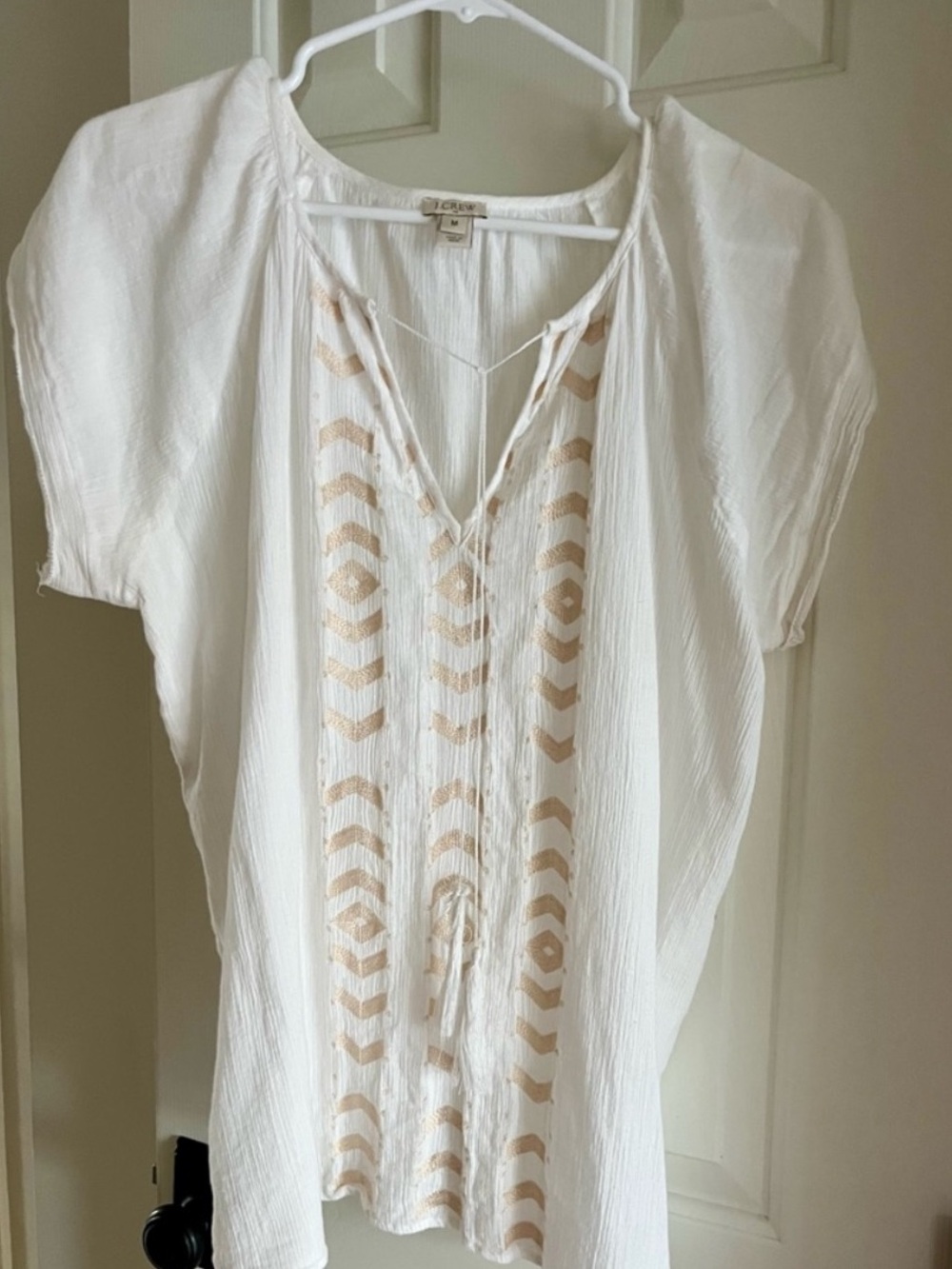 J. Crew White Tunic with Beige Embroidered Panel